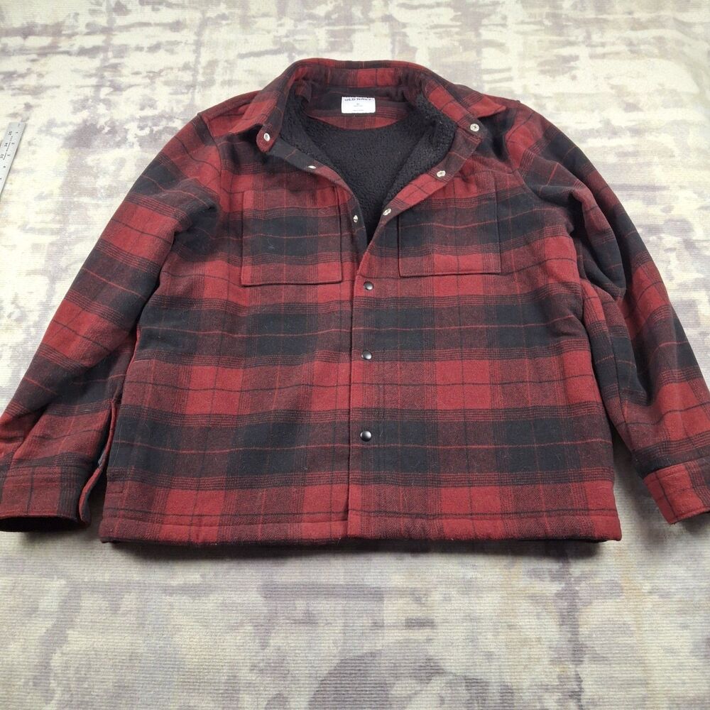 Old Navy Mens Xl Sherpa Lined Shacket Red Black Plaid Wool Blend Jacket 474075